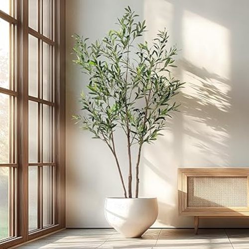 6FT Artificial Olive Tree Tall Faux Silk Plant Tall Faux Olive Tree with Natural Wood Trunk & Lifelike Fruits Fake Potted Tree or Home Office Decor