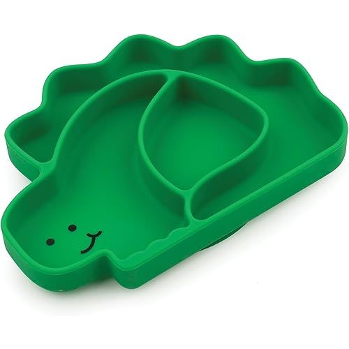 Bumkins Toddler and Baby Suction Plate, Silicone Divided Grip Dish, Babies and Kids, Baby Led Weaning, Children Feeding Supplies, Non Skid Sticky Bottom, Platinum Silicone, Ages 6 Months Up, Dinosaur