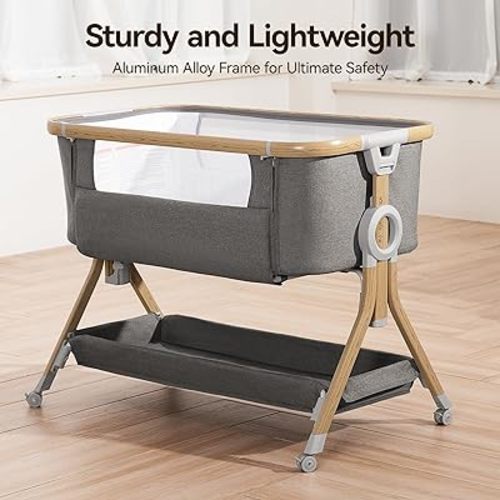 3 in 1 Baby Bassinet Bedside Sleeper, Breathable Mesh Safe Bedside Bassinet for Baby, Easy Assemble & Folding Portable Bassinet, 5 Height Adjustable Bedside Crib with Storage Basket, Mattress, Wheels - Wood Grain