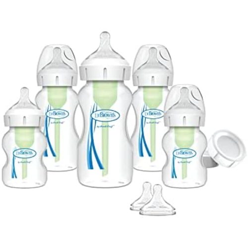 Dr. Brown’s Natural Flow® Anti-Colic Options+™ Wide-Neck Baby Bottle Newborn Feeding Set with Baby Bottle Travel Caps