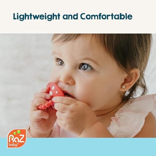 RaZbaby Chompy Teether – Soft Silicone Teething Toy for Infants & Babies 3M+, Massaging Bristles for Teething Relief, Hands-Free & Easy to Hold, Sensory Development, BPA-Free - Great Gift - Red/Green