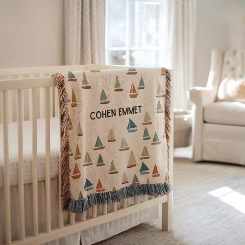 Baby Name Nautical Blanket Personalized Throw, Sailboat Nursery Decor Newborn Boy Girl with Name, Keepsake Custom Nursery Gift, 100% Cotton