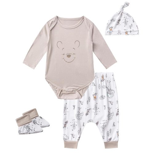 Disney Winnie the Pooh Baby Boys 4 Pack Bamboo Viscose Long Sleeve Bodysuit with Booties, Hat, and Pants Set for Infant