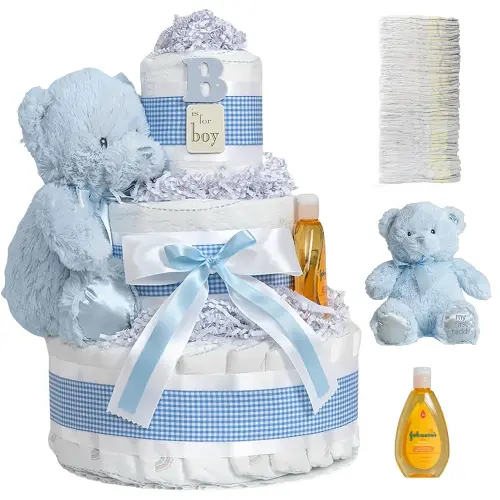Lil' Baby Cakes Blue Boy Diaper Cake - Makes a Beautiful Boy Baby Gift - Adorable and Practical - Handmade with 42 Swaddler 1 Diapers - Size 10 in x 12 in