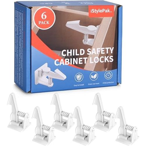 Child Safety Cabinet Locks, iStylepak Baby Proofing Latches with 3M Adhesive for Drawers - No Drilling Easy Installation (6 Pack, White)