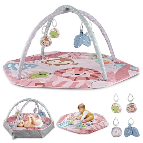 Henry & Colin Baby Activity Play Gym Mat with Hanging Toys, Soft Padded Mat, Sensory Development Play Area for Newborns and Infants, Convertible Play Center for Tummy Time and Fun Learning (Pink)