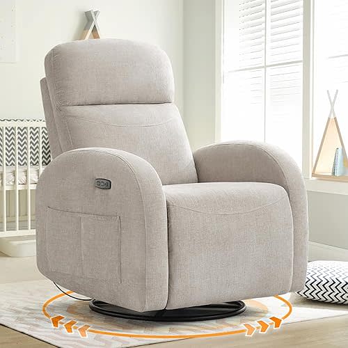 Nursery Glider Recliner, Power Swivel Rocking Recliner with USB & Type-C Port, Swivel Nursering Reclining Rocker with Double Pockets for Living Room, Camel Chenille