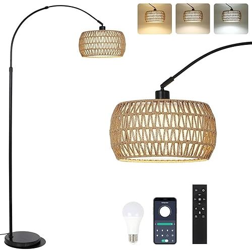 Arc Floor Lamps for Living Room with 3 Color Temperatures, Black Standing Lamp with Remote & Dimmable LED Bulb, Rattan Boho Floor Lamp, Farmhouse Tall Lamp for Bedroom, Over Couch Arched Reading Light