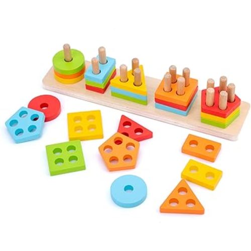 WOOD CITY Wooden Sorting & Stacking Toy, Shape Sorter Toys for Toddlers, Montessori Color Recognition Stacker, Early Educational Block Puzzles for Kids 1 2 3 Years Old Boys and Girls (5 Shapes)