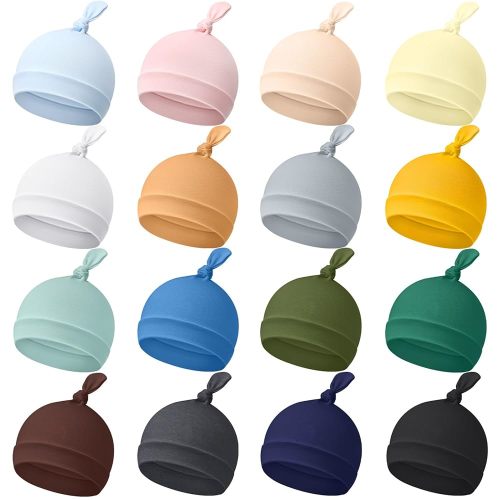 Jiuguva 16 Pcs Baby Newborn Hats Set Knot Beanie Soft Autumn Winter Infant Baby Caps 0-12 Months Spandex Cotton Hat for Girls Boys Shower Supply, 16 Colors