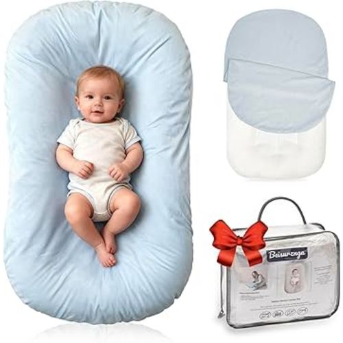 Baby Lounger for Newborn - Snuggle Cozy Me Lounger | Breathable Soft Cotton, 0-24 Months Portable Playtime Baby Nest, Newborn Baby Essentials Gifts- Blue (1 Lounger + 1 Cover)