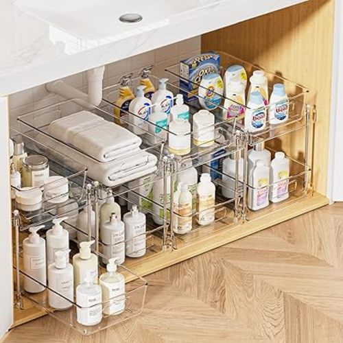 2 Tier Bathroom Storage Organizer, Vtopmart 4 Pack Clear Under Sink Organizers Vanity Counter Storage Container, Medicine Cabinet Drawers Bins, Pull-Out Organization with Track for Pantry, Kitchen