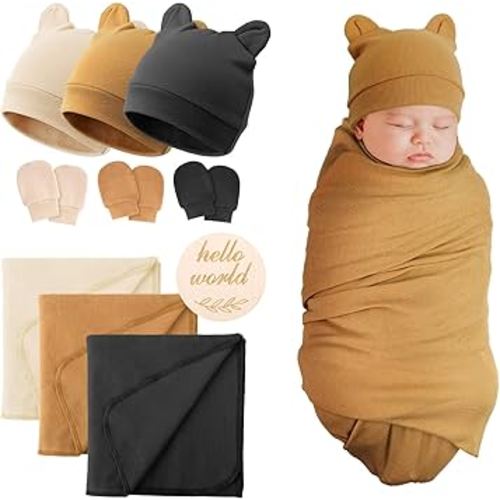 BQUBO 3 Sets Cotton Baby Swaddle Blankets Swaddling Wrap with Hats Mittens Newborn Soft Silky Nursery Receiving Blanket Cute Bear Ears Hat Elastic Gloves Set for Unisex Baby 0-3 Months