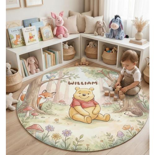 Personalized Winnie the Pooh Rug, Classic Pooh Nursery Decor, Custom Name Round Carpet, Woodland Baby Shower Gift