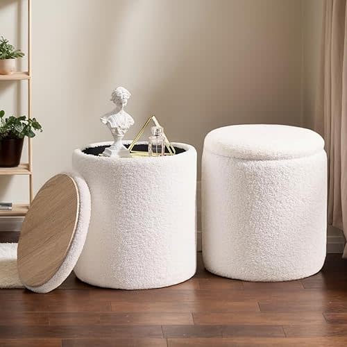 Ottoman Poufs with Storage, Set of 2 Soft Upholstered Vanity Stool,Multifunctional Ottomans Coffee Table Padded Seat Foot Rest for Living（White, Pack of 2）