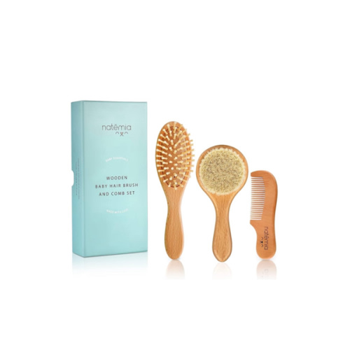 Natemia Baby Hair Brush and Comb Set - Wooden Soft Bristle Brush, Cradle Cap Brush for Newborns and Toddlers