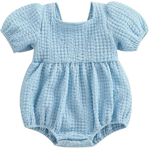 WZTYYDS Baby Girl Summer Clothes Newborn Smocked Bubble Romper Solid Puff Short Sleeve Bodysuit Cute 3 6 9 12 Months Outift