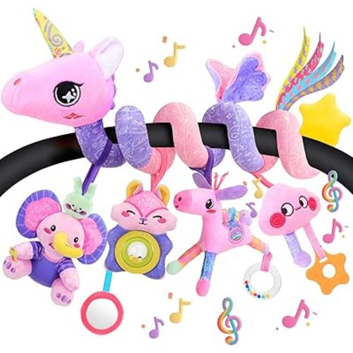 Car Seat Toys for Girls - 0-12 Months Baby Toys Spiral Stroller Music Carseat Toys with Rattle, Mirror, 5-in-1 Separable Activity Hanging Toy Newborn Sensory Toy Essentials Gifts, Unicorn