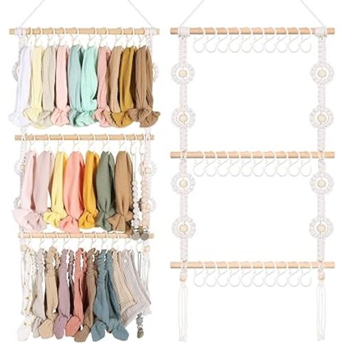 POVETIRE Baby Headband Holder, Hair Bows and Accessories Storage Organizer, Wall Hanging Decor for Nursery Toddler Girls Room (Beige-3 Layer)
