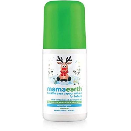 MAMAEARTH Breathe Easy Vapor Baby Roll On | Gentle Chest & Back Rub with Wintergreen & Eucalyptus | Helps Relieve Cold & Nasal Congestion | No Petroleum 1.35 Fl Oz/40ml (3month+)
