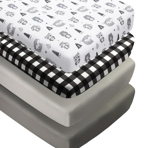 4 Pack Woodland Forest Animals Wood Neutral Unisex Fitted Baby Crib Sheets Set for Baby Boys or Girls Black and White