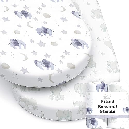 Baby Bassinet Sheets for Boy, Girl (Watercolor Elephants) 2-Pack - Fitted Bedside Bassinet Sheets - Buttery Soft Cotton Blend for Standard Mattress Pad - Compatible with Halo BassiNest