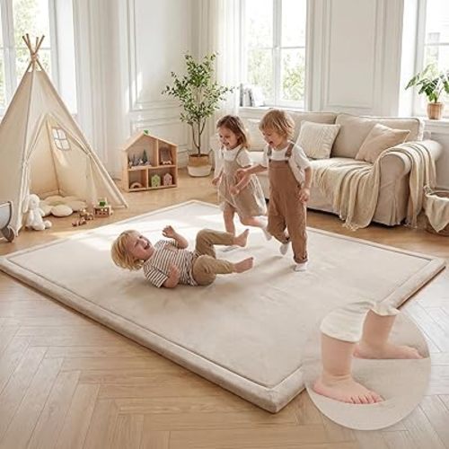 Baby Play Mat for Floor,1.3" Thick Elasti Foam Tummy Time Mat,Soft Coral Velvet Nursery Rug,79"×118" Extra Large Non Slip for Crawling,Toddlers,Infants,kids,Tatami Style for Living Room,Classroom,Playroom(Beige)