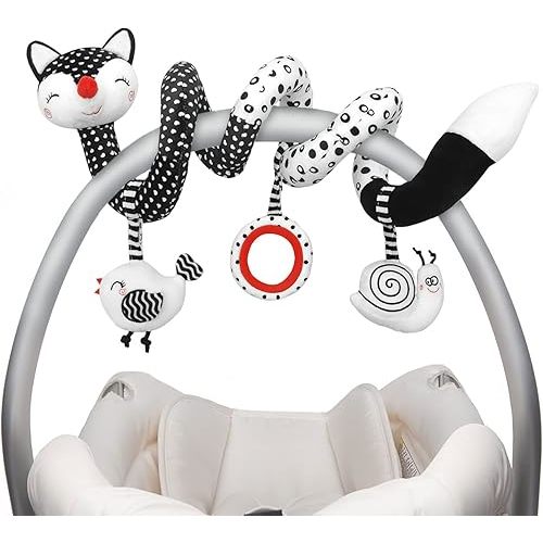 Euyecety Baby Spiral Plush Toys, Black White Stroller Toy Stretch & Spiral Activity Toy Car Seat Toys, Hanging Rattle Toys for Crib Mobile, Newborn Sensory Toy Best Gift for 0 3 6 9 12 Months Baby-Fox