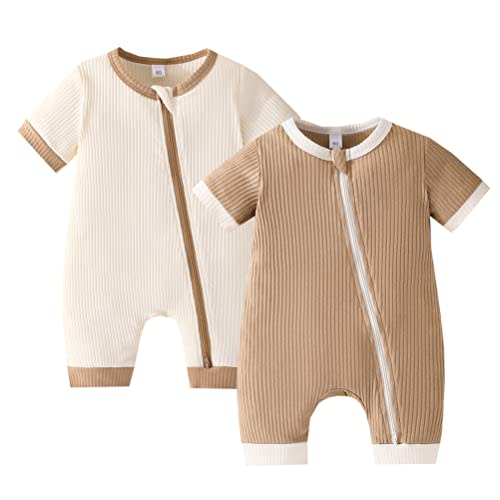 Bafeicao Unisex Baby Boy Girl 2 Pack Rompers Short Sleeve Two Way Zipper Romper One Piece Jumpsuits Clothes Sets