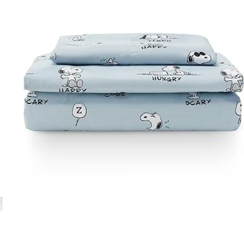 Berkshire Blanket Peanuts® Kids Sheet Set, Twin Size - 3 Pieces, Peanuts® Snoopy Different Emotion Sheet Scale Murky Blue, Cute Character Snoopy Printed Soft Microfiber Bed Sheets