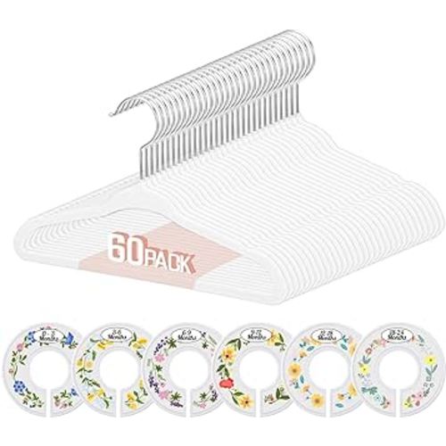60 Pack Baby Hangers for Closet, ZOUTOG Velvet Hangers with 6 Baby Closet Dividers for Infant Toddler Boys & Girls Closet Organizer, Non Slip Thin Space Saving Kids Hangers, White