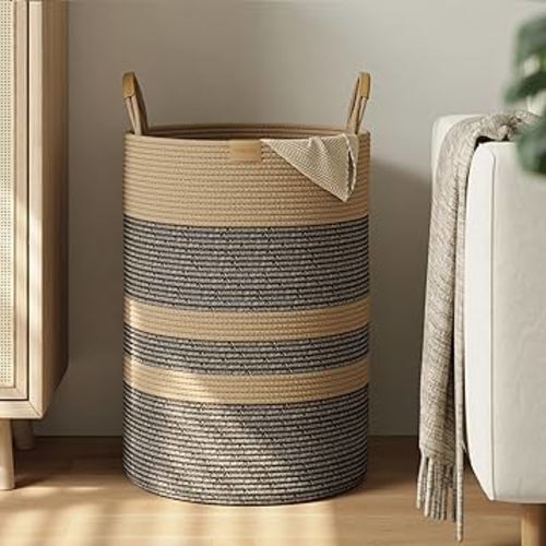 95L Striped Laundry Hamper with Leather Handles,Large Foldable Laundry Basket for Clothes,Cotton Rope Storage Bin for Blankets,Woven Clothes Basket for Bedroom,Dark Brown Stripes