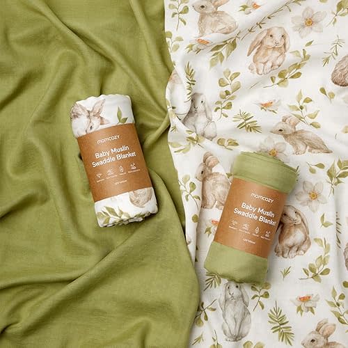 Momcozy Muslin Swaddle Blankets, Softness Upgrade Neutral Swaddle Blanket, Breathable Large 47''x47'' Baby Infant Newborn Boys Girls Swaddling Receiving Blanket Wraps, 2 Pack, Rabbit & Light Green