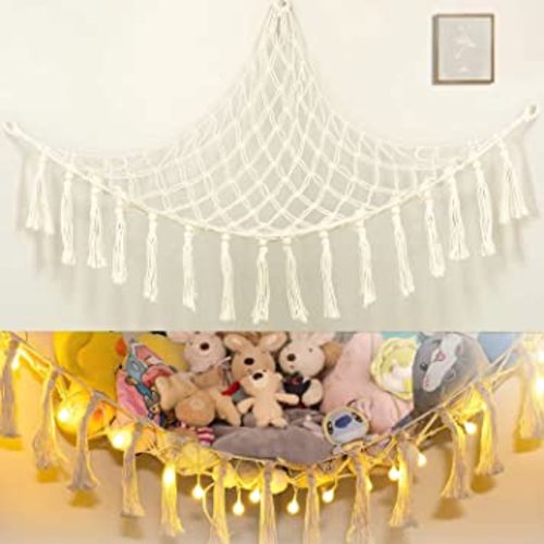 Stuffed Animal Net or Hammock with LED Light Boho Beige Stuffed Animal Storage with 10 Photo Clips Corner Hanging Net Holder,Mesh Hammock Plush Toy Organizer with Tassel & Hooks for Bedroom
