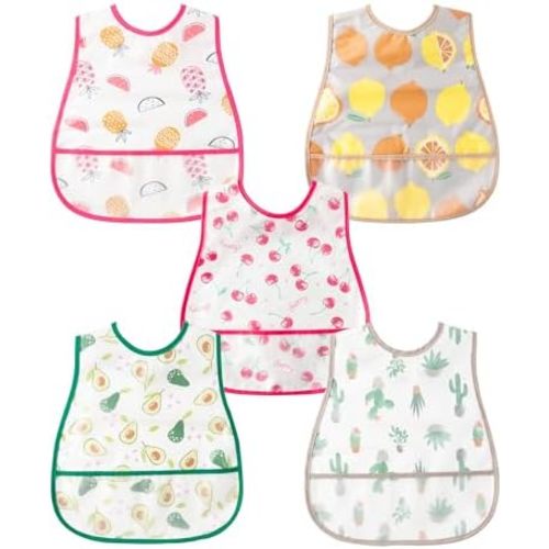 R HORSE 5Pcs Baby Bibs Set Toddler Bibs with Crumb Catcher Pocket & Snap Button Waterproof Baby Feeding Bibs for 6-24 Months