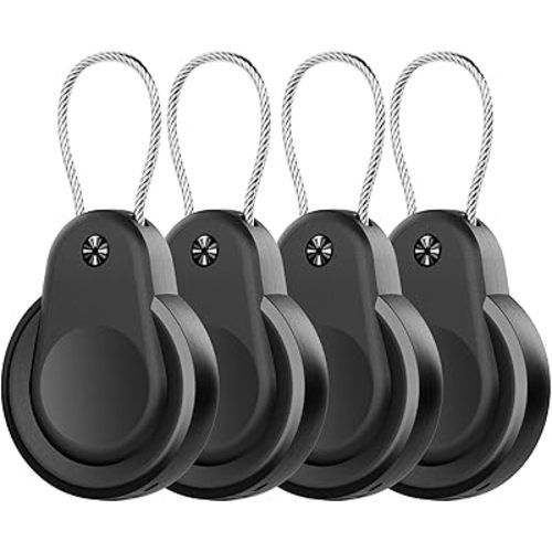 Waterproof AirTag Holder - 4 Pack Lock Case with Keychain for Apple AirTags, AirTag Keyring with Wire Cable, Durable & Lightweight AirTag Cover for Keys, Kids, Luggage, Backpacks, Pet Collar, Black