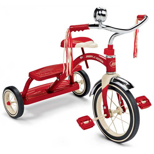 "Radio Flyer Classic Red Dual Deck Tricycle for Kids, 12"" Front Wheel with Child Handle"