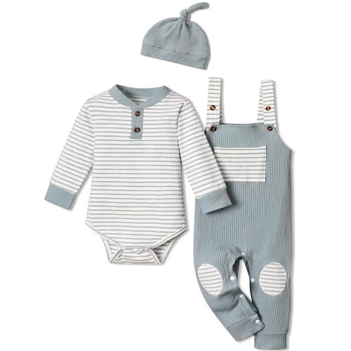 Sislerew Baby Boy Outfits Stripe Print Romper Top and Baby Overalls with Hat Baby Boy Clothes Fall Winter