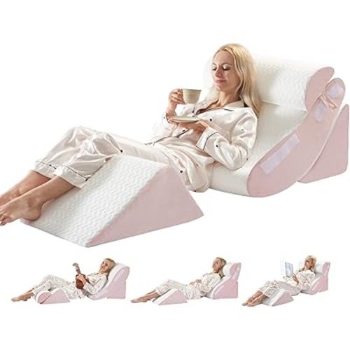 4PC Geriatric Wedge Pillow System - Elderly Bed Wedges for Sitting/Sleeping, Post Surgery Body Positioner with Non-Slip Base (Ideal for Seniors & Pregnancy), White Pink