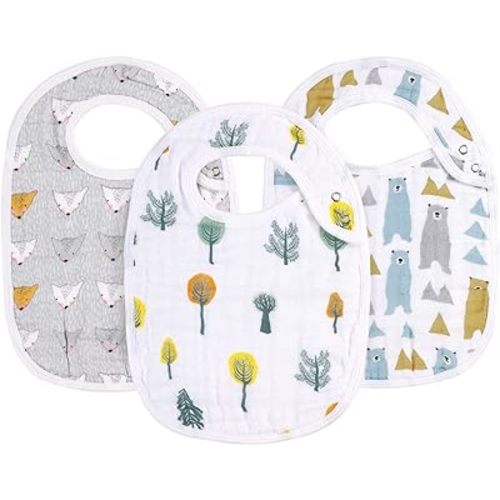 Snap Muslin Bibs for Boys & Girls, 3-Pack Baby Bibs for Infants, Newborns and Toddlers, 100% Cotton Muslin Absorbent & Soft Layers, Adjustable Snaps, “Bear,Hedgehog,Tree”