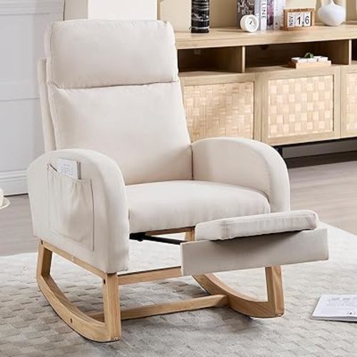 NIOIIKIT Oversized Nursery Rocking Chair, Linen Upholstered Glider Chair with Footrest, Large Glider Rocker with Side Pocket, Rocking Accent Chair, Glider Recliner Chair for Living Room (Beige Linen)