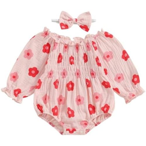 Emmababy Baby Girl Floral Romper Fall Clothes Long Sleeve Bodysuit Off Shoulder Jumpsuit Headbands Set Cotton Linen Outfit