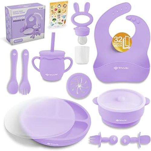 Silicone Baby Feeding Set - Infant Tableware for First Foods & Baby, Led Weaning (0+ Months), Easy to Clean, Durable, Perfect for Baby Boy or Girl, Solid Feeding - Purple - Standard