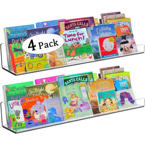Acrylic Floating Wall Shelves 4 Pack Kids Bookshelf 24 Inch, Wall Mounted Invisible Ledge Shelf, Spice Rack, 4MM Thick Clear Bathroom Storage Shelves Display Organizer Toy Picture with 12 Screws