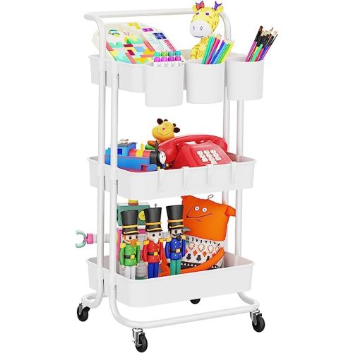 LEHOM 3-Tier Rolling Utility Cart with Hanging Cups & Hooks & Handle, Plastic Art Cart Organizer Storage with Wheels, Easy Assembly for Office, Bedroom, Kitchen, Bathroom, Laundry (White)
