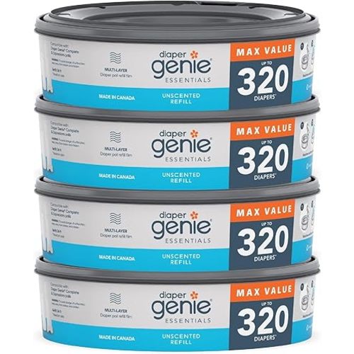 Diaper Genie Essentials Round Refill Pack of 4 | Holds Up to 1280 Newborn Diapers | Features Unscented Continuous Film | Compatible with Diaper Genie Complete and Expressions Pails