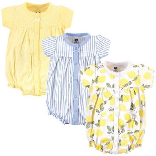 Hudson Baby Infant Girl Cotton Rompers 3pk, Lemon, 0-3 Months