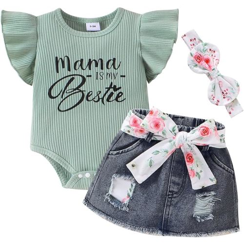 Baby Girl Clothes Newborn Romper Ruffle Sleeve Short Jeans Skirt with Headband Infant Outfits Set 0-18 Months