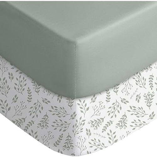 Yoofoss Lot de 2 draps-housses pour berceau standard et matelas de bébé en microfibre super douce, 71,1 x 132,1 x 20,3 cm (vert + feuille)