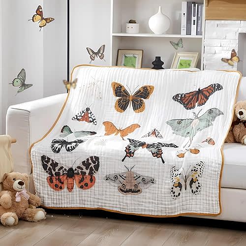 SmoothNovelty Butterfly Muslin Blanket 47 x 47 Inch Warm Soft Cotton Muslin Swaddle Blanket, Boho Nursery Swaddling Wrap Quilt for Girls Bedding Gift, Spring Summer Nap, Crib Bed Sofa Nursery Decor